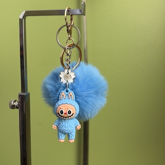 Labubu Blue Keychain Toy With Blue Pom Pom and Flower Charm#2 - Picture 1 of 12